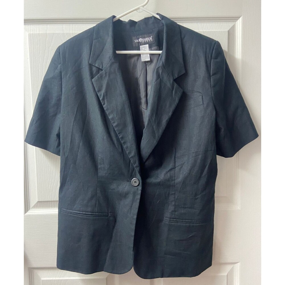 Sag Harbor Linen Blazer Short Sleeved Womens Plus 14W Black Single Button Basic